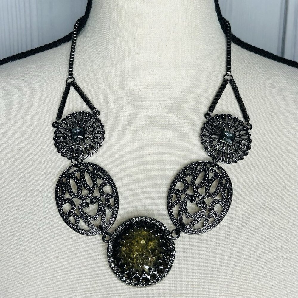Silver Gun Metal Statement 21" Necklace Yellow Gem Rhinestone Adjustable